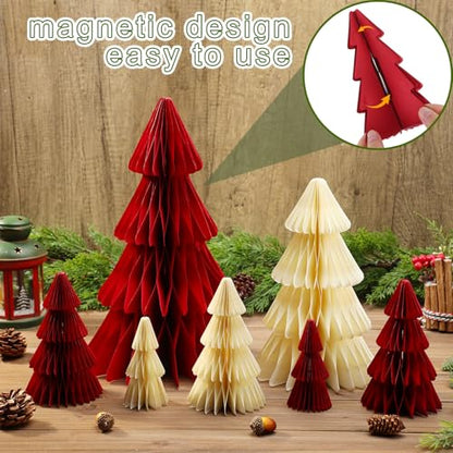 Red Christmas Honeycomb Tree Centerpieces - 7 Pcs 3D Paper Decor