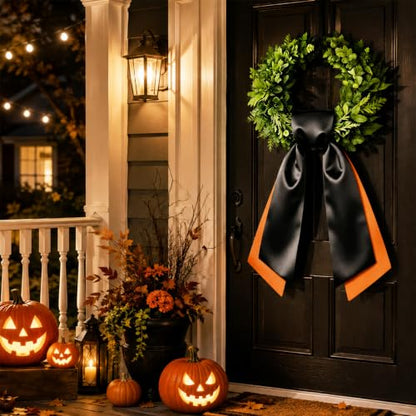 Halloween Wreath Sash Set - Black and Orange Satin Decor for Front Door