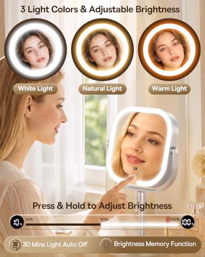 Lighted Makeup Mirror with Magnification 20X/1X, Adjustable Height, LED Display