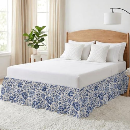 Queen Size Bed Skirt 16 Inch Drop Elastic Ruffled Bed Frame Cover Blue