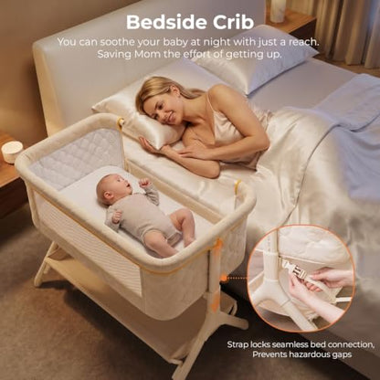 Pamo Babe Bedside Bassinet for Baby - 3-in-1 Foldable Travel Crib with Wheels, Adjustable Height, Storage Bag - Beige