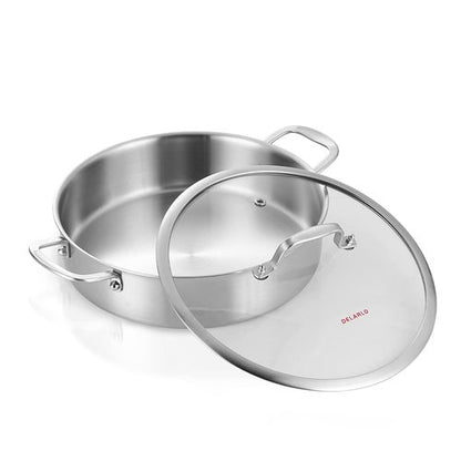 DELARLO 5.5QT Tri-Ply Stainless Steel Saute Pan With Lid, 12.3inch Braiser Pans, Large Frying pan,18/10 Induction Skillet with Glass Lids, Efficent Fast pan for Boiling, Braising, Stewing, Sautéing
