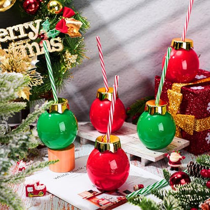 24 Pack Christmas Plastic Ball Cups with Lids & Straws - 12 oz Holiday Party Set