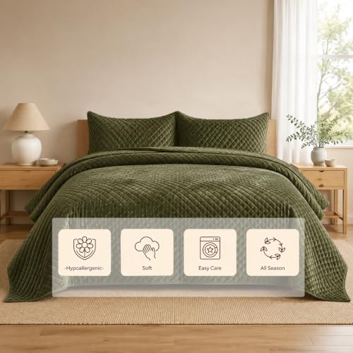 Olive Green Velvet Oversized King Quilt Set 120x128 Bedding Decor