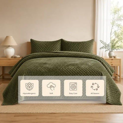 Olive Green Velvet Oversized King Quilt Set 120x128 Bedding Decor
