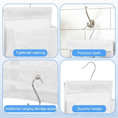 Mesh Shower Caddy Hanging Organizer with Hooks, White Bathroom Storage