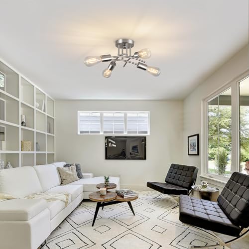 piano7797 4-Light Industrial Semi Flush Mount Ceiling Light Fixture, Modern Sputnik Chandelier Light Fixture,Brushed Nickel Ceiling Light Fixture for Kitchen Bedroom Living Room Hallway 2 Pack