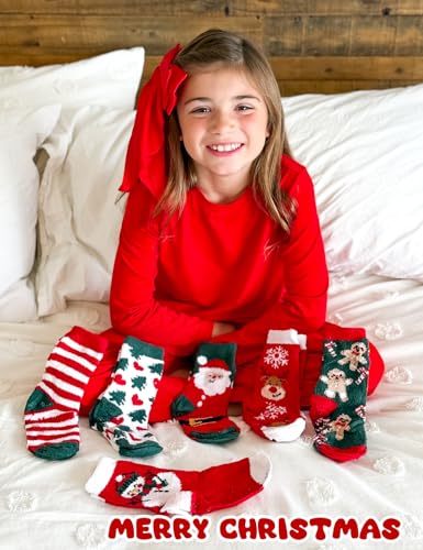 Girls Kids Fuzzy Socks with Grips Toddler Slipper Socks 6-8 Years - Red