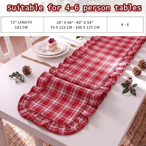 Christmas Red Tartan Plaid Table Runner with Ruffled Edges - 14 x 72 Inches - White Red / Plaid Variation