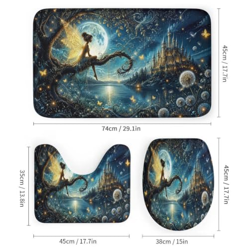 Fairy Moon Castle Night Bathroom Set with Shower Curtain and Flannel Rugs - 71x71 Inches - Non Slip Bath Mats