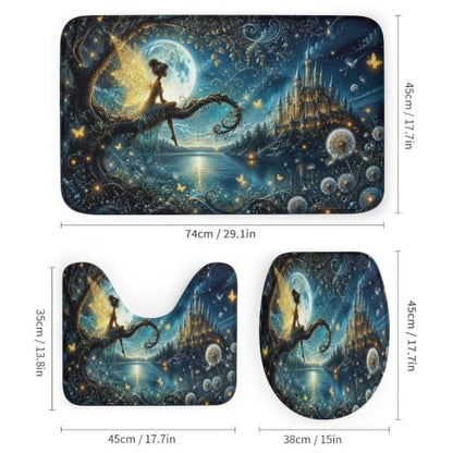 Fairy Moon Castle Night Bathroom Set with Shower Curtain and Flannel Rugs - 71x71 Inches - Non Slip Bath Mats