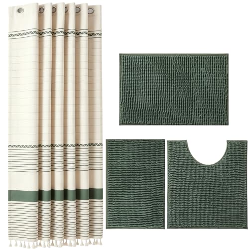 Sage Green Bathroom Set with Shower Curtain and Rugs - Farmhouse Boho Decor