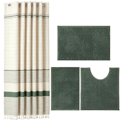 Sage Green Bathroom Set with Shower Curtain and Rugs - Farmhouse Boho Decor