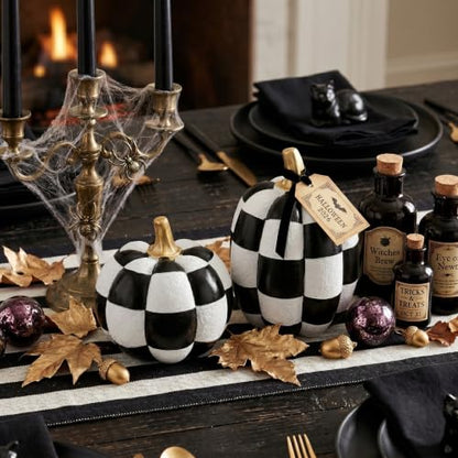 Black and White Checkered Pumpkins with Gold Stem Set of 2 Halloween Decor