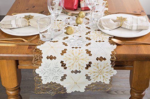 Holiday Christmas Table Runner Snowflakes Embroidered 14x54 Silver Gold