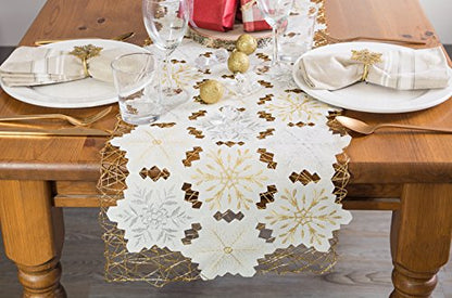 Holiday Christmas Table Runner Snowflakes Embroidered 14x54 Silver Gold