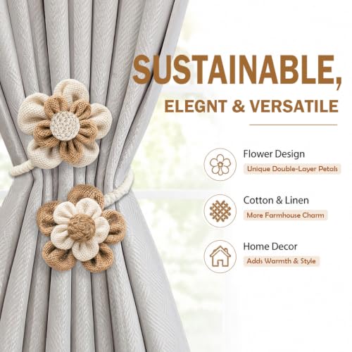 2 Pack Flower Curtain Tiebacks - Linen Cotton Decorative Holdbacks White & Khaki