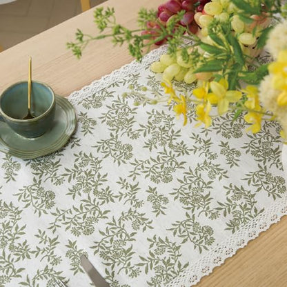 Vintage Floral Table Runner with Lace Trim - Olive Green, 14x90 Inch