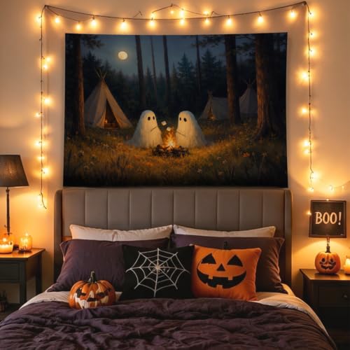 Ghost Camping Tapestry - Moonlit Forest Halloween Wall Decor 50x60in - Camping Variation