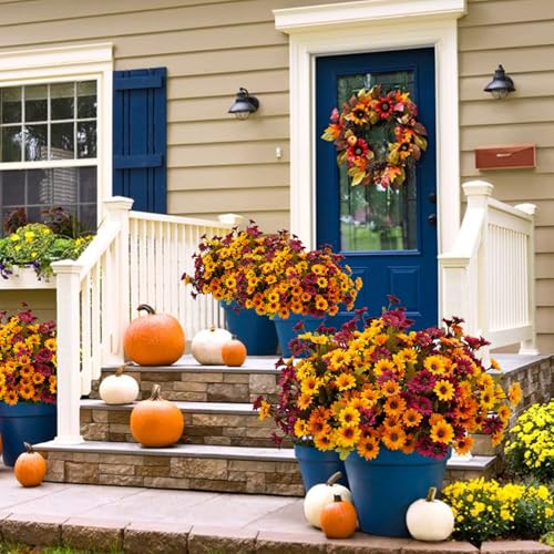 Artificial Fall Mums Flowers - 9 Bundles in Orange, Red, Yellow, Brown - Outdoor Decor