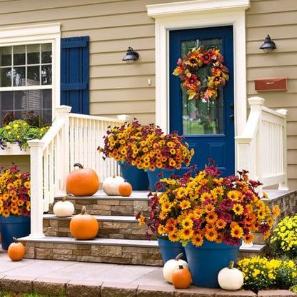 Artificial Fall Mums Flowers - 9 Bundles in Orange, Red, Yellow, Brown - Outdoor Decor