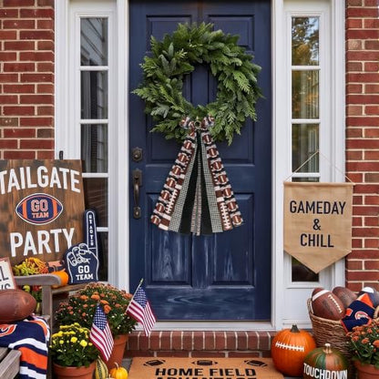 Football Wreath Bow Black White Plaid Maple Leaf Decoration for Game Day