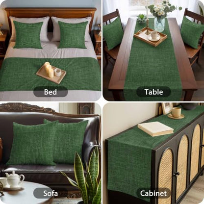 Queen Size Bed Runner with 2 Pillow Covers Green Linen Textured 83x20 - Vintage Style