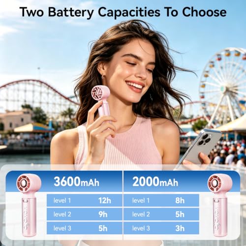 Mini Handheld Fan Pink 2000mAh USB Rechargeable 3-Speed Personal Cooling Fan for Outdoor Travel & Makeup - Light & Compact
