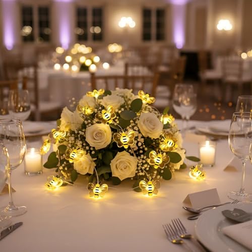 Bee Decor String Lights 10ft with 30 Honeybee LED Bulbs - Battery Operated, Indoor & Outdoor Party Decor - Variation: Bee