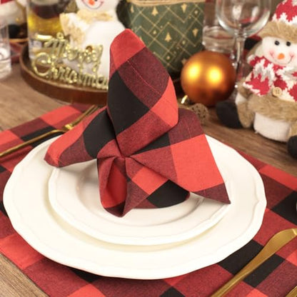 BETRIC Christmas Plaid Cloth Napkins Set of 12 - 20 x 20 Inch Red & Black