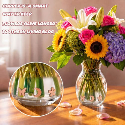 Copper Flower Food Set for Cut Flowers – Moon & Butterfly Shapes, Reusable Vase Decor