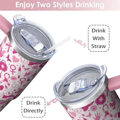 Cancer2 30oz Breast Cancer Awareness Stainless Steel Tumbler with Handle & Straw - Pink Ribbon Mug for Women & Survivors