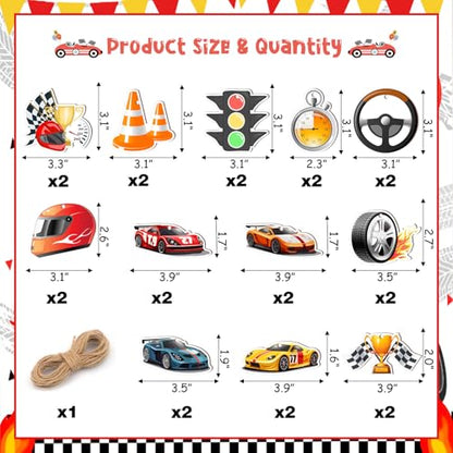 Wooden Race Car Holiday Ornaments Set - 24 Car-Themed Hanging Decor for Tree, Home & Party