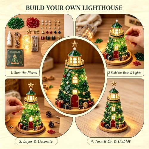 Lighted Christmas Lighthouse DIY Craft Kit Coastal Sea Glass Style