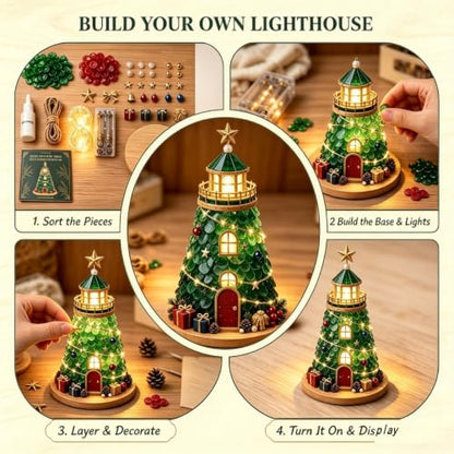 Lighted Christmas Lighthouse DIY Craft Kit Coastal Sea Glass Style