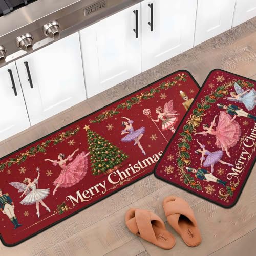 Nutcrackers Merry Christmas Kitchen Rugs Set of 2 Red Nutcracker Christmas Decor Low Profile Winter Mats - Red 2