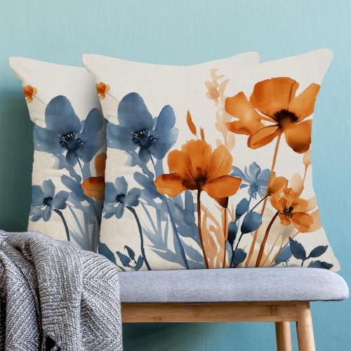 AEIOAE Blue and Orange Floral Pillowcase Set of 2 - 18 x 18 Inches, Linen Blend, Double-Sided Print, Hidden Zipper, Spring Bedroom Decor