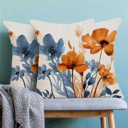 AEIOAE Blue and Orange Floral Pillowcase Set of 2 - 18 x 18 Inches, Linen Blend, Double-Sided Print, Hidden Zipper, Spring Bedroom Decor