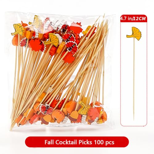 Thanksgiving Fall Cocktail Toothpicks 100 Pack Natural Bamboo Food Skewers