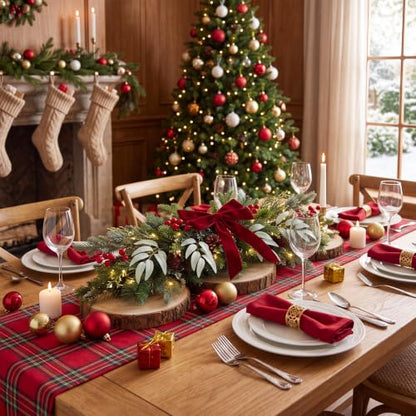 Christmas Swag Decorations with Lights, Red Bow and Pine - 4 Pack Variation of Red Pine