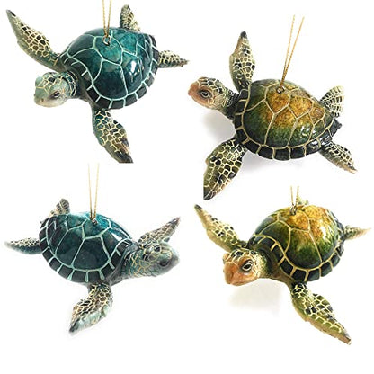 Sea Turtle Christmas Ornament Set - Blue & Green Coastal Holiday Decor
