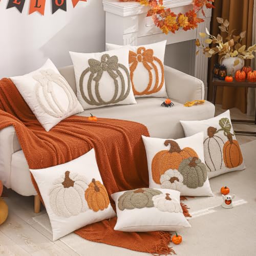 Halloween Pumpkin Embroidered Throw Pillow Covers Set of 2 - 18x18 Inches, Rustic Fall Farmhouse Decor, Hidden Zipper, Three Color Pumpkin