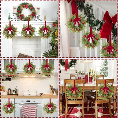 Green 6 Pcs Small Christmas Wreaths for Cabinets with Red Ribbon & Berries