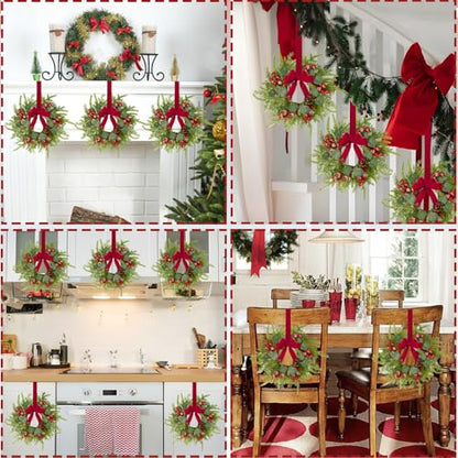 Green 6 Pcs Small Christmas Wreaths for Cabinets with Red Ribbon & Berries