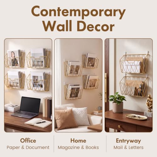 Gold Wall Mounted Magazine Rack - Metal Wall Organizer for Living Room, Office, Vanity