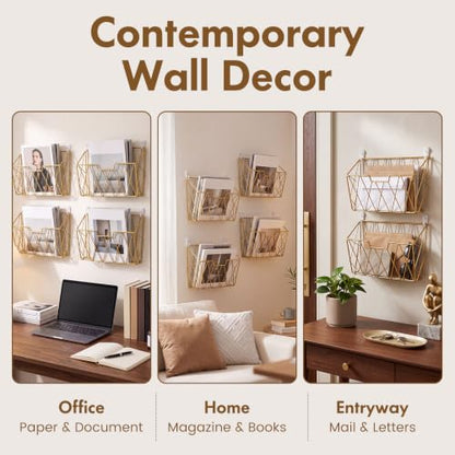 Gold Wall Mounted Magazine Rack - Metal Wall Organizer for Living Room, Office, Vanity