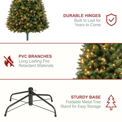 Green 7ft Prelit Artificial Christmas Tree with 300 Warm White LEDs - Hinged Design