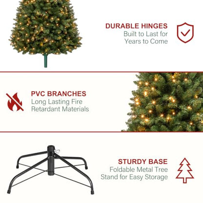 Green 7ft Prelit Artificial Christmas Tree with 300 Warm White LEDs - Hinged Design