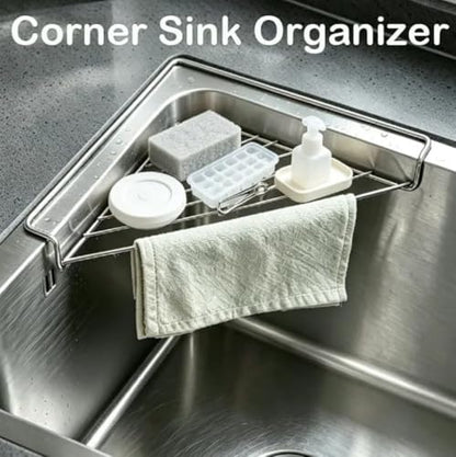 1PCS Stainless Steel Corner Sink Shelf with Wire Rack - Space-Saving Kitchen Organizer