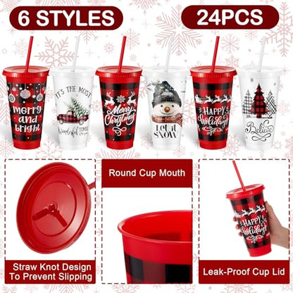 Christmas Plastic Cups with Lids & Straws - 24 oz Red & Black Plaid Set with Holiday Designs - Stylish Variation